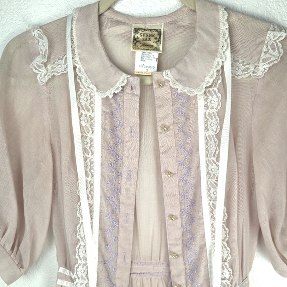 Gunne Sax Vintage Pastel Sheer Lace Button-Up Midi Girlhood Blouson Dress Size 5 - Picture 6 of 16